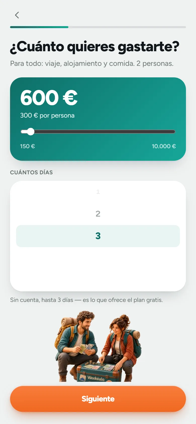 Pantalla de Weekéalo: 600 € para dos personas y tres días, con el deslizador de presupuesto